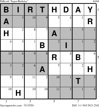 The grouppuzzles.com Difficult Super-Birthday puzzle for Tuesday September 1, 2026, suitable for printing, with all 11 steps marked
