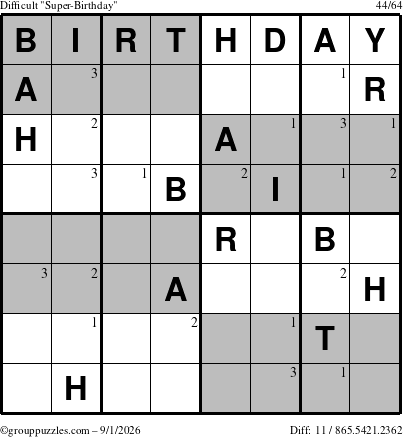 The grouppuzzles.com Difficult Super-Birthday puzzle for Tuesday September 1, 2026 with the first 3 steps marked