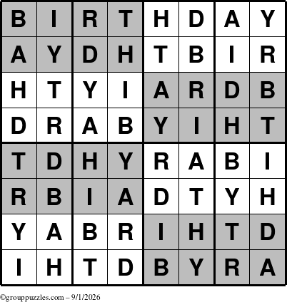 The grouppuzzles.com Answer grid for the Super-Birthday puzzle for Tuesday September 1, 2026