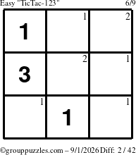 The grouppuzzles.com Easy TicTac-123 puzzle for Tuesday September 1, 2026 with the first 2 steps marked