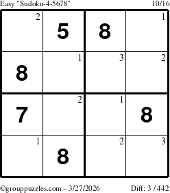 The grouppuzzles.com Easy Sudoku-4-5678 puzzle for Friday March 27, 2026 with the first 3 steps marked