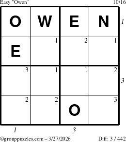 The grouppuzzles.com Easy Owen puzzle for Friday March 27, 2026 with all 3 steps marked