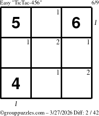 The grouppuzzles.com Easy TicTac-456 puzzle for Friday March 27, 2026 with all 2 steps marked