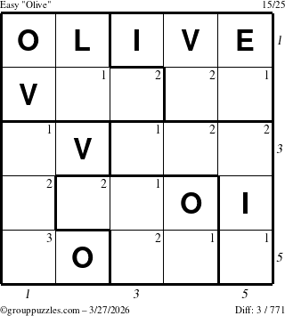 The grouppuzzles.com Easy Olive puzzle for Friday March 27, 2026 with all 3 steps marked