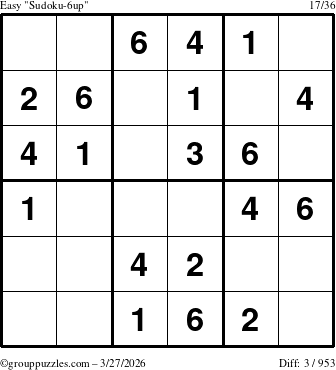 The grouppuzzles.com Easy Sudoku-6up puzzle for Friday March 27, 2026