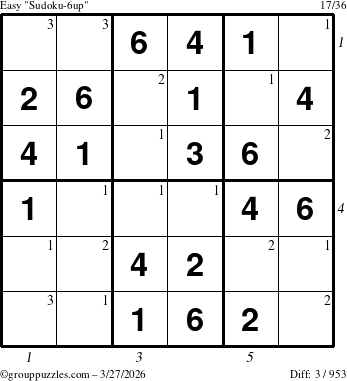 The grouppuzzles.com Easy Sudoku-6up puzzle for Friday March 27, 2026, suitable for printing, with all 3 steps marked