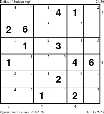 The grouppuzzles.com Difficult Sudoku-6up puzzle for Friday March 27, 2026 with all 4 steps marked