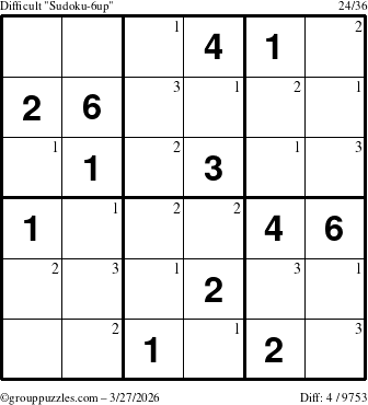 The grouppuzzles.com Difficult Sudoku-6up puzzle for Friday March 27, 2026 with the first 3 steps marked