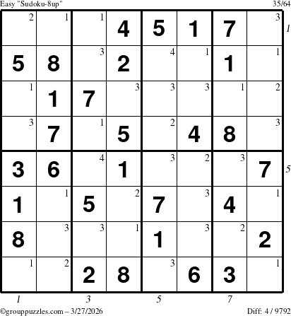 The grouppuzzles.com Easy Sudoku-8up puzzle for Friday March 27, 2026 with all 4 steps marked