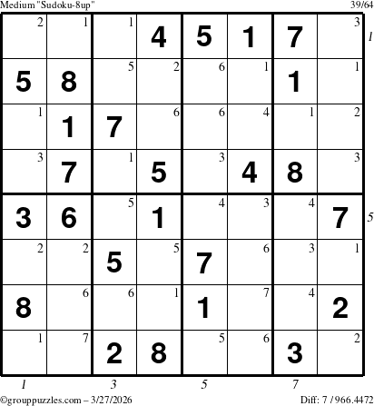 The grouppuzzles.com Medium Sudoku-8up puzzle for Friday March 27, 2026 with all 7 steps marked