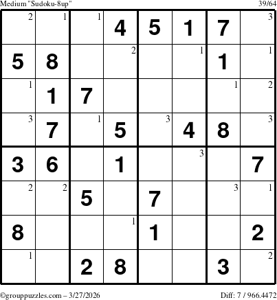 The grouppuzzles.com Medium Sudoku-8up puzzle for Friday March 27, 2026 with the first 3 steps marked