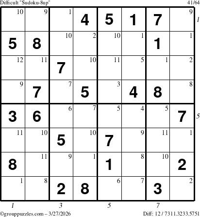 The grouppuzzles.com Difficult Sudoku-8up puzzle for Friday March 27, 2026, suitable for printing, with all 12 steps marked