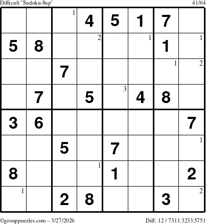 The grouppuzzles.com Difficult Sudoku-8up puzzle for Friday March 27, 2026 with the first 3 steps marked