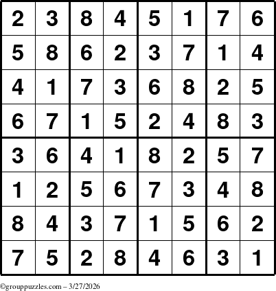 The grouppuzzles.com Answer grid for the Sudoku-8up puzzle for Friday March 27, 2026