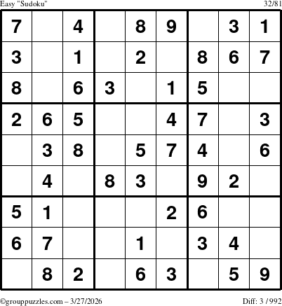 The grouppuzzles.com Easy Sudoku puzzle for Friday March 27, 2026