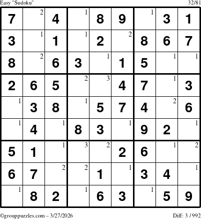 The grouppuzzles.com Easy Sudoku puzzle for Friday March 27, 2026 with the first 3 steps marked