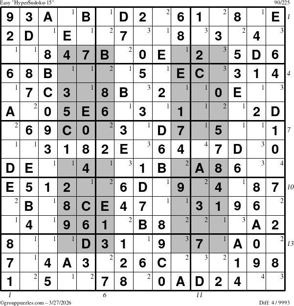 The grouppuzzles.com Easy HyperSudoku-15 puzzle for Friday March 27, 2026, suitable for printing, with all 4 steps marked
