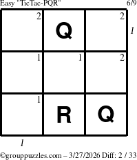 The grouppuzzles.com Easy TicTac-PQR puzzle for Friday March 27, 2026, suitable for printing, with all 2 steps marked
