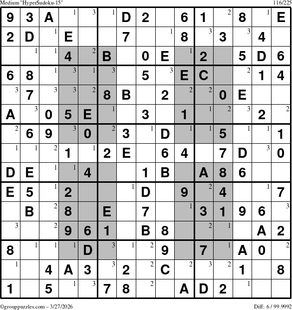 The grouppuzzles.com Medium HyperSudoku-15 puzzle for Friday March 27, 2026 with the first 3 steps marked
