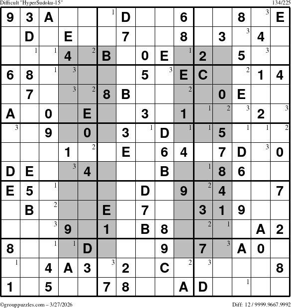 The grouppuzzles.com Difficult HyperSudoku-15 puzzle for Friday March 27, 2026 with the first 3 steps marked