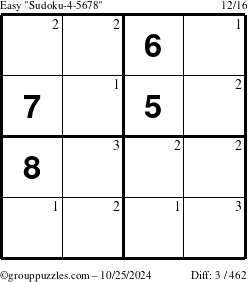 The grouppuzzles.com Easy Sudoku-4-5678 puzzle for Friday October 25, 2024 with the first 3 steps marked