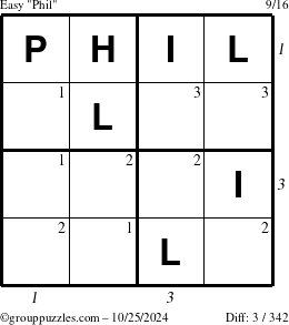 The grouppuzzles.com Easy Phil puzzle for Friday October 25, 2024, suitable for printing, with all 3 steps marked