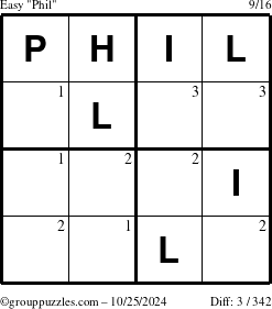 The grouppuzzles.com Easy Phil puzzle for Friday October 25, 2024 with the first 3 steps marked