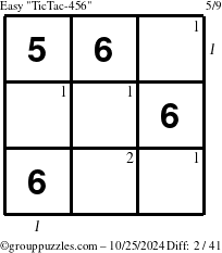 The grouppuzzles.com Easy TicTac-456 puzzle for Friday October 25, 2024 with all 2 steps marked