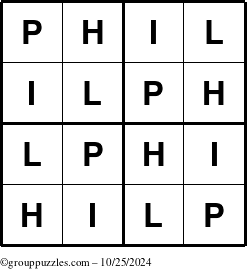 The grouppuzzles.com Answer grid for the Phil puzzle for Friday October 25, 2024