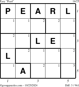 The grouppuzzles.com Easy Pearl puzzle for Friday October 25, 2024 with all 3 steps marked