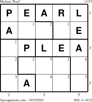 The grouppuzzles.com Medium Pearl puzzle for Friday October 25, 2024 with all 4 steps marked