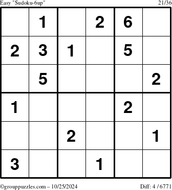 The grouppuzzles.com Easy Sudoku-6up puzzle for Friday October 25, 2024