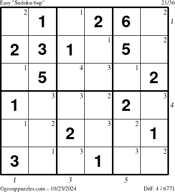 The grouppuzzles.com Easy Sudoku-6up puzzle for Friday October 25, 2024 with all 4 steps marked