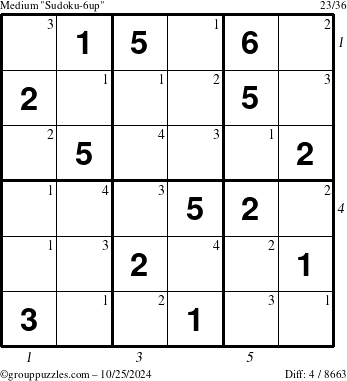 The grouppuzzles.com Medium Sudoku-6up puzzle for Friday October 25, 2024 with all 4 steps marked