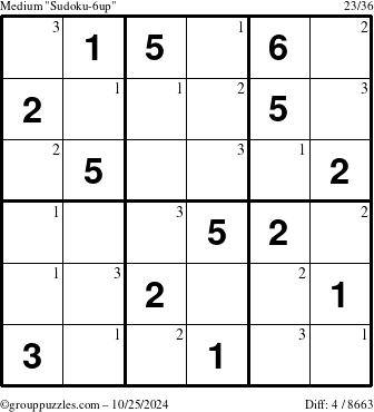 The grouppuzzles.com Medium Sudoku-6up puzzle for Friday October 25, 2024 with the first 3 steps marked