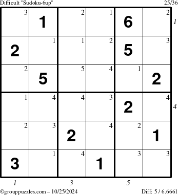 The grouppuzzles.com Difficult Sudoku-6up puzzle for Friday October 25, 2024 with all 5 steps marked