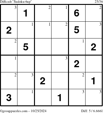 The grouppuzzles.com Difficult Sudoku-6up puzzle for Friday October 25, 2024 with the first 3 steps marked