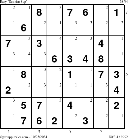 The grouppuzzles.com Easy Sudoku-8up puzzle for Friday October 25, 2024 with all 4 steps marked