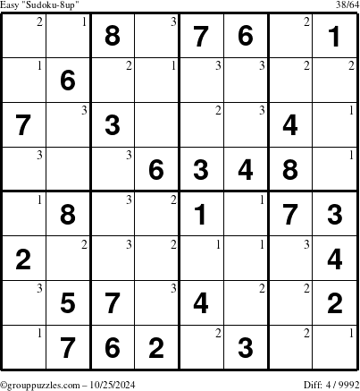 The grouppuzzles.com Easy Sudoku-8up puzzle for Friday October 25, 2024 with the first 3 steps marked