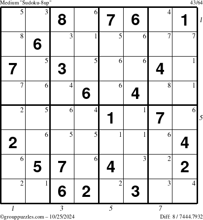 The grouppuzzles.com Medium Sudoku-8up puzzle for Friday October 25, 2024 with all 8 steps marked