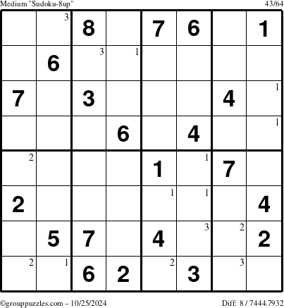 The grouppuzzles.com Medium Sudoku-8up puzzle for Friday October 25, 2024 with the first 3 steps marked