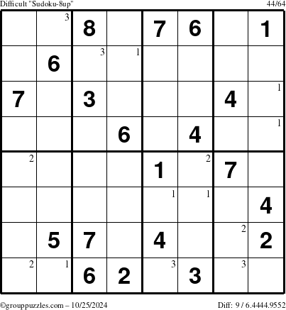 The grouppuzzles.com Difficult Sudoku-8up puzzle for Friday October 25, 2024 with the first 3 steps marked