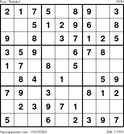 The grouppuzzles.com Easy Sudoku puzzle for Friday October 25, 2024