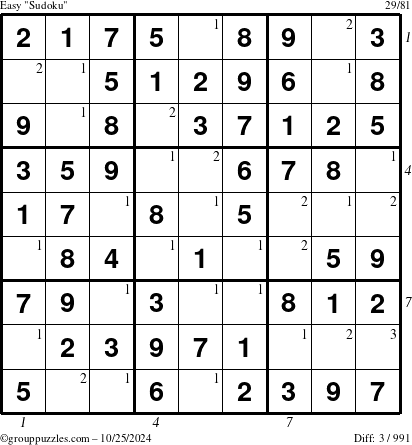 The grouppuzzles.com Easy Sudoku puzzle for Friday October 25, 2024 with all 3 steps marked