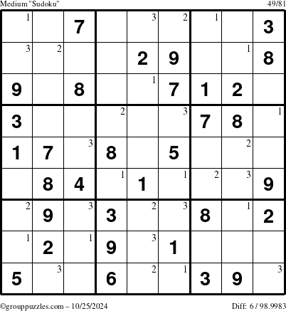 The grouppuzzles.com Medium Sudoku puzzle for Friday October 25, 2024 with the first 3 steps marked