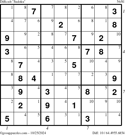 The grouppuzzles.com Difficult Sudoku puzzle for Friday October 25, 2024, suitable for printing, with all 10 steps marked