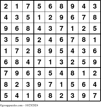 The grouppuzzles.com Answer grid for the Sudoku puzzle for Friday October 25, 2024