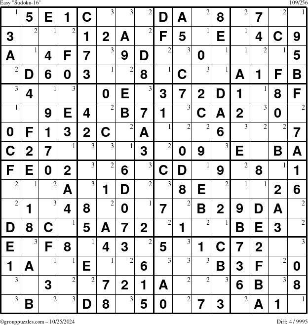 The grouppuzzles.com Easy Sudoku-16 puzzle for Friday October 25, 2024 with the first 3 steps marked