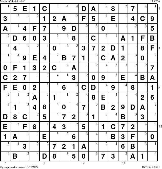 The grouppuzzles.com Medium Sudoku-16 puzzle for Friday October 25, 2024, suitable for printing, with all 5 steps marked