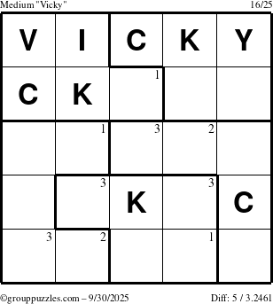 The grouppuzzles.com Medium Vicky puzzle for Tuesday September 30, 2025 with the first 3 steps marked